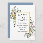 Delikate Aquarellfarben Wildblumen Gold Dusty Blue Save The Date (Vorne/Hinten)