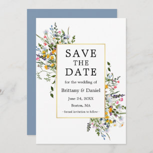 Delikate Aquarellfarben Wildblumen Gold Dusty Blue Save The Date