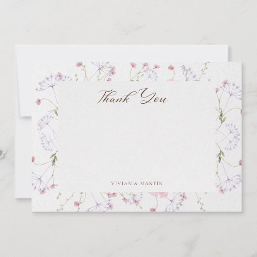 Delikate Aquarellfarben-Wildblumen Kalligrafie Dankeskarte (Vorderseite)