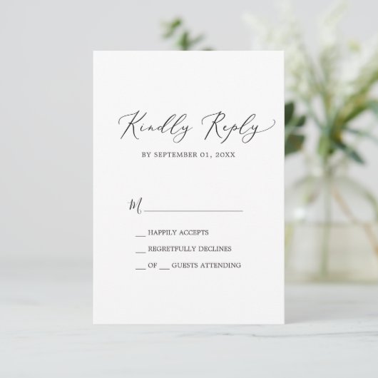 Delikate Black Calligraphy Simple RSVP Card Karte (Stehend Vorderseite)