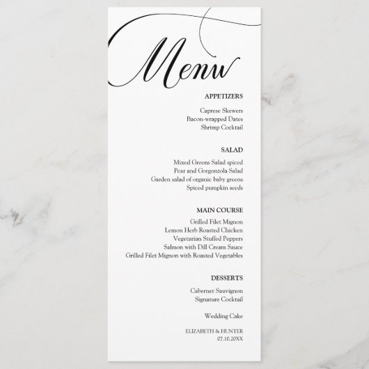 Delikate Black Calligraphy Wedding Dinner Menükarte (Vorderseite)