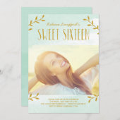 Delikate Blätter 16 . Geburtstag Einladung Blue (Vorne/Hinten)
