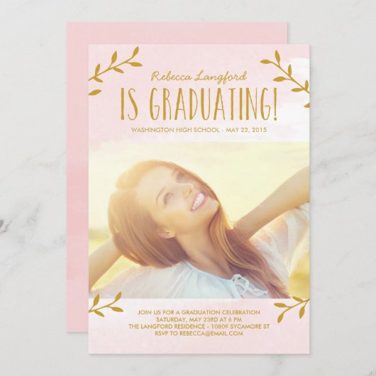 Delikate Blätter Abschluss Einladung Rosa (Vorne/Hinten)