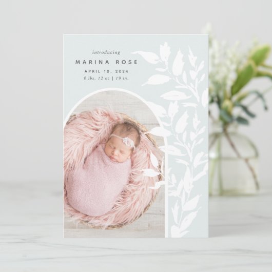 Delikate Blätter | Ankündigung von Foto zur Geburt (Stehend Vorderseite)