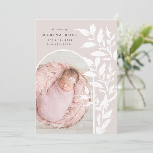 Delikate Blätter | Ankündigung von Foto zur Geburt (Stehend Vorderseite)