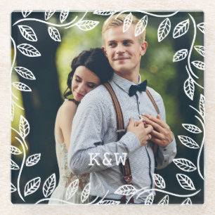 Delikate Blätter rahmen Mit Monogramm Foto Glasuntersetzer