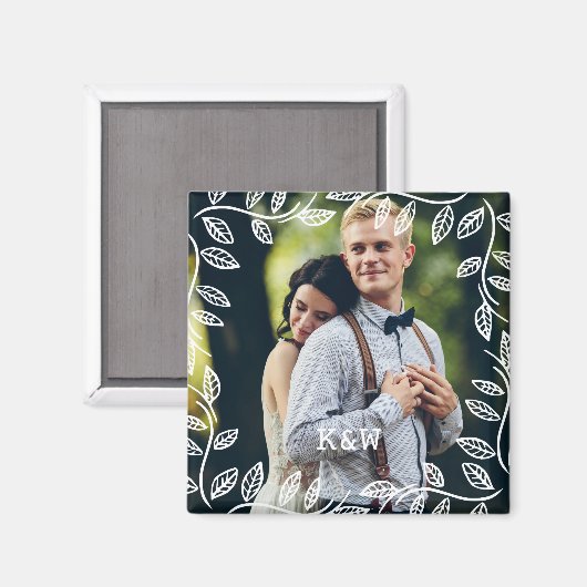 Delikate Blätter rahmen Mit Monogramm Foto Magnet (Vorderseite/Rückseite)