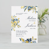 Delikate blaue Blume und Goldblut-Hochzeitsdesign Folieneinladung (Stehend vorne)
