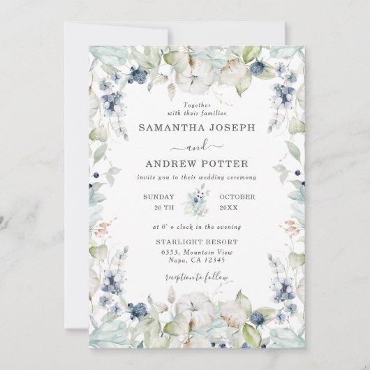 Delikate blaue Blüten und Blätter mit Rahmen Hochz Einladung (Vorderseite)