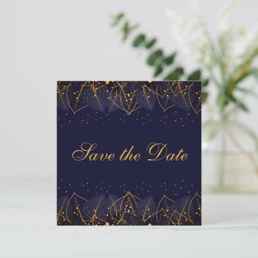 Delikate Blue and Gold Blätter Save the Date (Stehend Vorderseite)