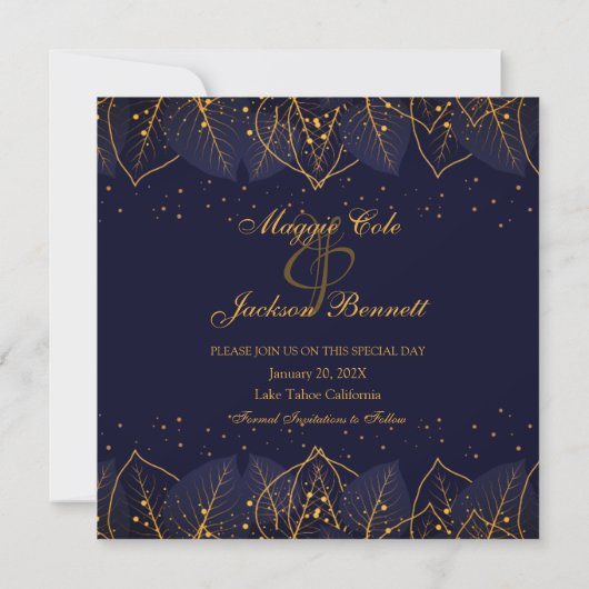 Delikate Blue and Gold Blätter Save the Date (Rückseite)