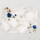 Delikate Blue Gold Blume Gold Cross Taufen Dankeskarte (Vorne/Hinten)