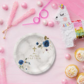 Delikate Blue Gold Blume Gold Cross Taufen Pappteller (Party)