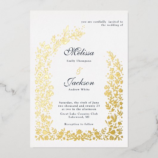 Delikate Blume Arch Wedding Design Foil Einladung (Vorderseite)
