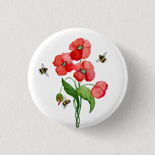 Delikate Blume aus Scharlachrot und Hummeln Button