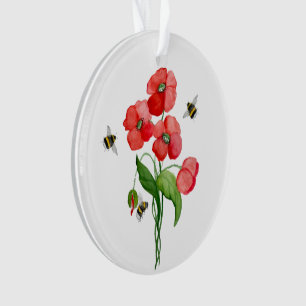 Delikate Blume aus Scharlachrot und Hummeln Ornament