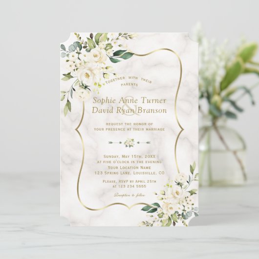 Delikate Blume Goldmarmor Hochzeit Einladung (Stehend Vorderseite)