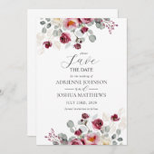 Delikate Blush & Burgund Blumenhochzeit Save The Date (Vorne/Hinten)
