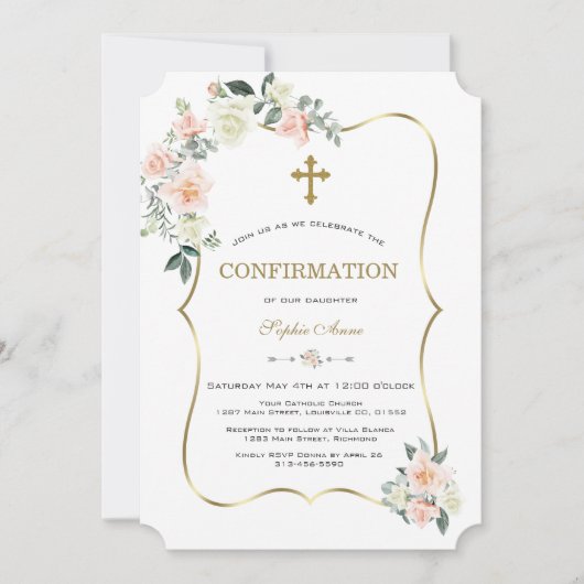 Delikate Blush White Blume Gold Bestätigung Einladung (Vorderseite)