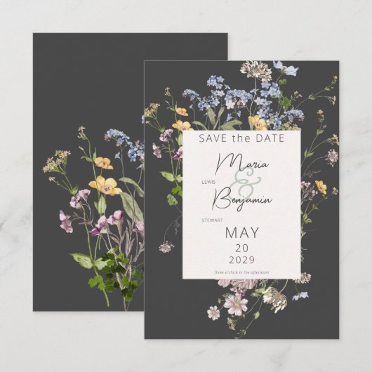 Delikate Boho Wildblumen Charcoal Wedding Save The Date (Vorne/Hinten)
