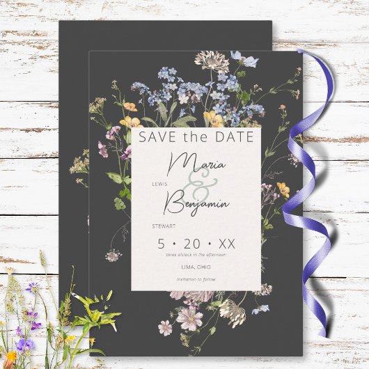 Delikate Boho Wildblumen Charcoal Wedding Save The Date