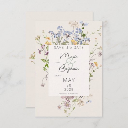 Delikate Boho Wildblumen Cream Wedding Save The Date (Vorne/Hinten)