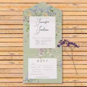 Delikate Boho Wildblumen feiern grünes Abendessen All In One Einladung