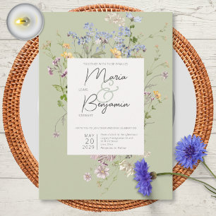 Delikate Boho Wildblumen Grüne Hochzeit Einladung