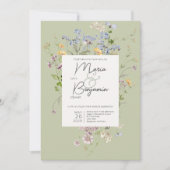 Delikate Boho Wildblumen Grüne Hochzeit Einladung (Vorderseite)