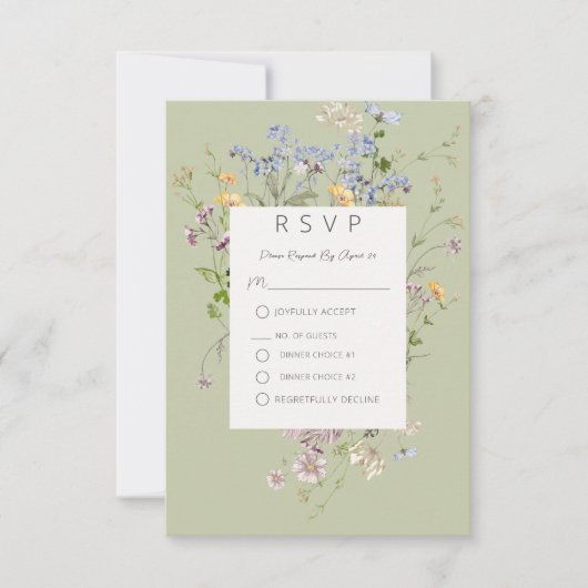 Delikate Boho Wildblumen Grüne Hochzeit RSVP Karte (Vorderseite)
