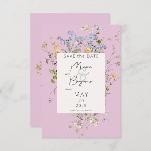 Delikate Boho Wildblumen Pink Wedding Save The Date (Vorne/Hinten)