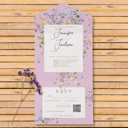 Delikate Boho-Wildblumen Rosa QR-Code All In One Einladung