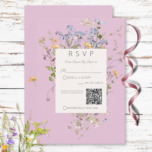 Delikate Boho-Wildblumen Rosa QR-Code RSVP Karte