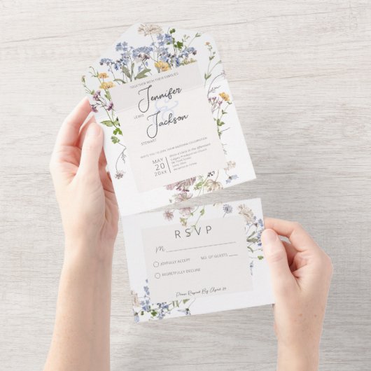 Delikate Boho Wildblumen Weiß kein Abendessen All In One Einladung (Abreißen)