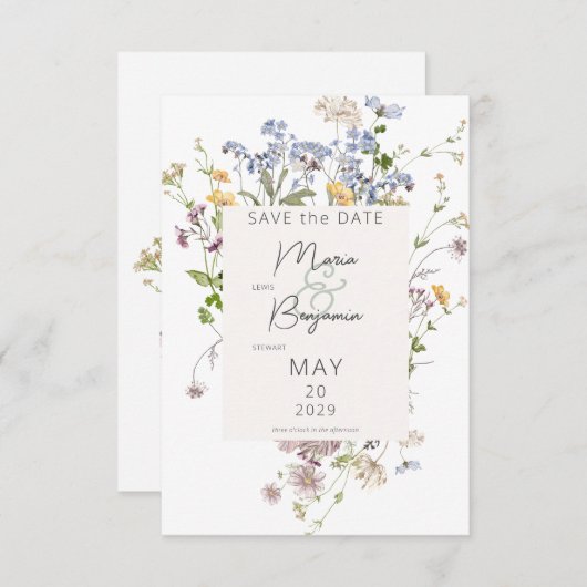 Delikate Boho Wildblumen White Wedding Save The Date (Vorne/Hinten)