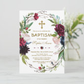 Delikate Burgundy Blue Floral Wreath Girl Taufe Einladung (Stehend Vorderseite)