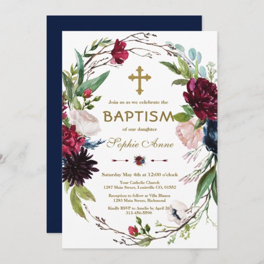 Delikate Burgundy Blue Floral Wreath Girl Taufe Einladung (Vorne/Hinten)