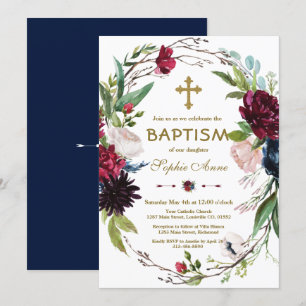 Delikate Burgundy Blue Floral Wreath Girl Taufe Einladung