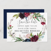 Delikate Burgundy Blue Floral Wreath Save the Date (Vorne/Hinten)