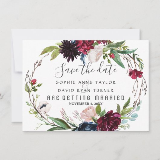 Delikate Burgundy Blue Floral Wreath Save the Date (Vorderseite)