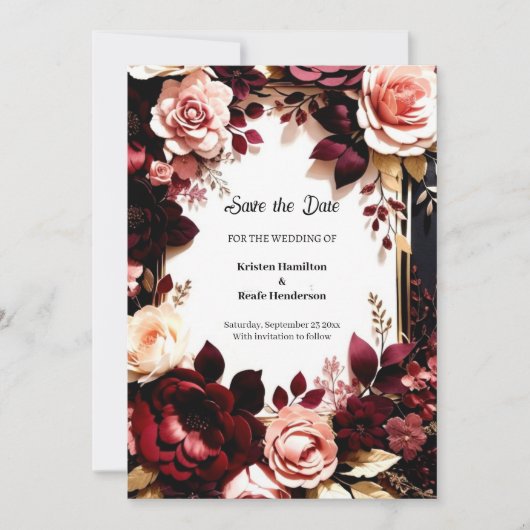 Delikate Burgundy Botanical Save The Date (Vorderseite)