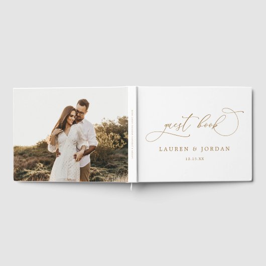 Delikate Calligrafy Gold Foto Monogram Wedding Gästebuch (Voll)