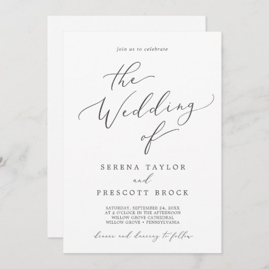 Delikate dunkelgraue Kalligraphie in einer Hochzei Einladung (Vorne/Hinten)