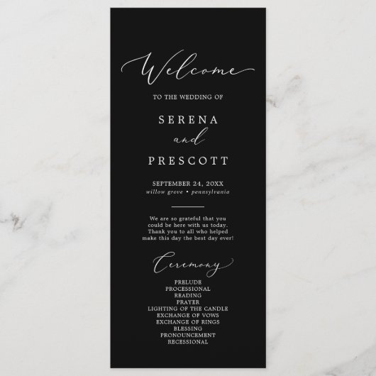 Delikate Dunkle Kalligrafie-Hochzeitsprogramm Programm (Vorderseite)