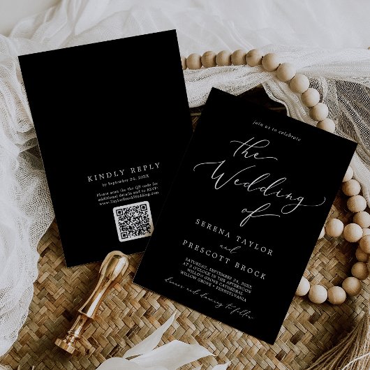 Delikate dunkle schwarze QR Code Back Wedding Einladung