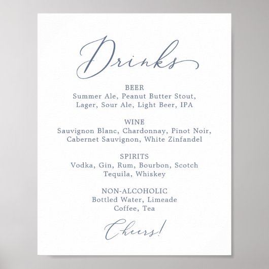 Delikate Dusty Blue Wedding Drink Menü Schild (Vorne)