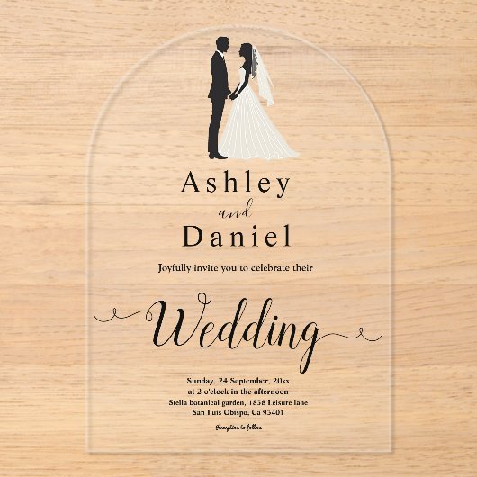 Delikate, einfache Schwarz-Weiß-Romantik-Hochzeit Acryleinladungen (Vorderseite)