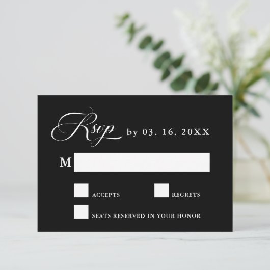 Delikate Elegant Wedding Black RSVP Card (Stehend Vorderseite)