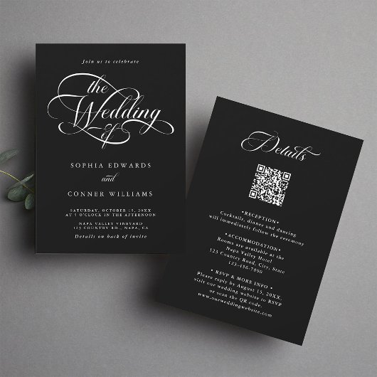 Delikate, elegante Script-Hochzeit Black All in On Einladung