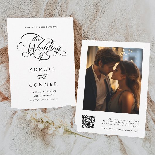 Delikate Elegante Script Wedding Foto QR Code Save The Date